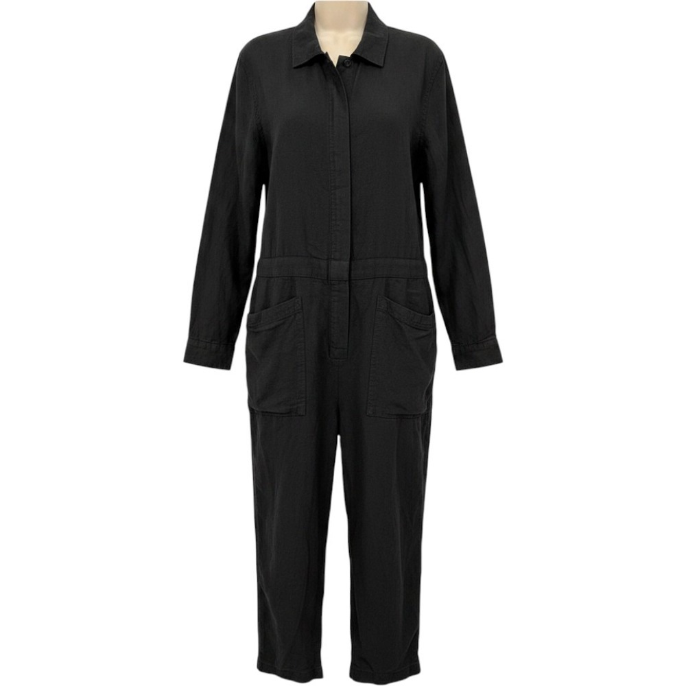 Pact Womens Harbour Black Linen Blend Long Sleeve Utility Zip Jumpsuit Sz M